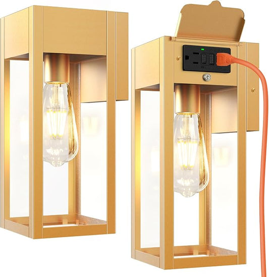 2 Pack Porch Lights Outdoor Wall Sconce, Outdoor Light with GFCI Outlet, Waterproof Exterior Wall Lantern Light Fixtures, Anti-Rust Wall Lamp with Clear Glass for Patio Doorway Garage- Gold