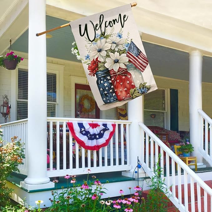 4th of July Floral House Flag 28 x 40 Vertical Double Sided Patriotic Mason Jar Flowers Red Blue Memorial Day Independence Day Holiday Outside Decorations Burlap Yard Flag BW321-40