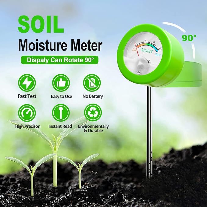 Soil Moisture Meter, Plant Water Monitor, Soil Hygrometer Included 200+ Plants Care Guide, 100 pH Test Strips & Sample Tube, Soil Water Gauge Meter for Garden, Lawn, No Battery Needed (Green)