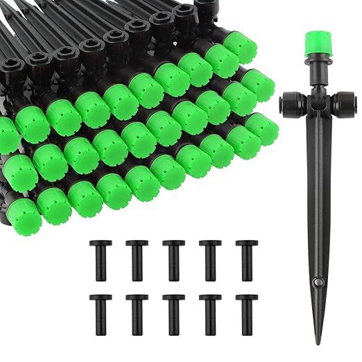 Kalolary Drip Irrigation Emitters, 30pcs Quick Connect Adjustable 360 Degree Water Emitters for for 1/4" Tubing, Durable Irrigation Drippers for Garden, Lawn, and Greenhouse Watering Systems(Green)