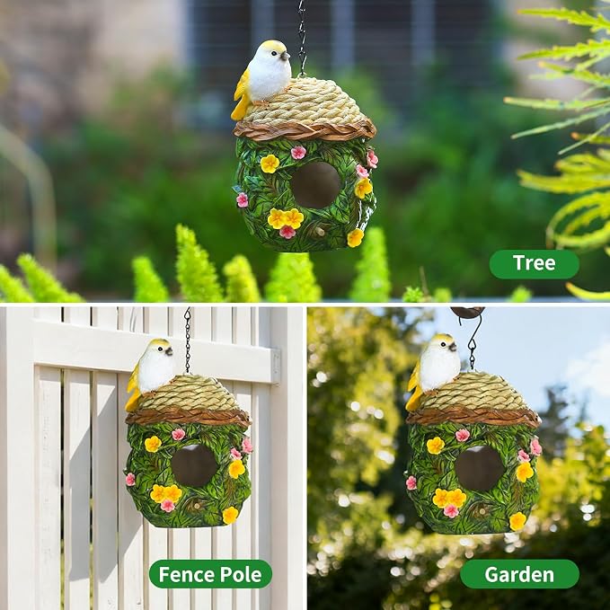 Bird Houses for Outside Bird Nesting Design Resin Birdhouse, Garden Outdoor Decor Bird House with Flower and Leaf Details, Birdhouses for Outdoors for Bluebird Finches Cardinals