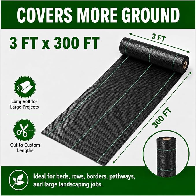 3FT x300FT Heavy Duty Weed Barrier Fabric - Woven Polypropylene Weed Control Ground Cloth for Landscaping | Superior Permeability, Tear-Resistant Landscape Fabric for Driveway, Gardens, Commercial Use