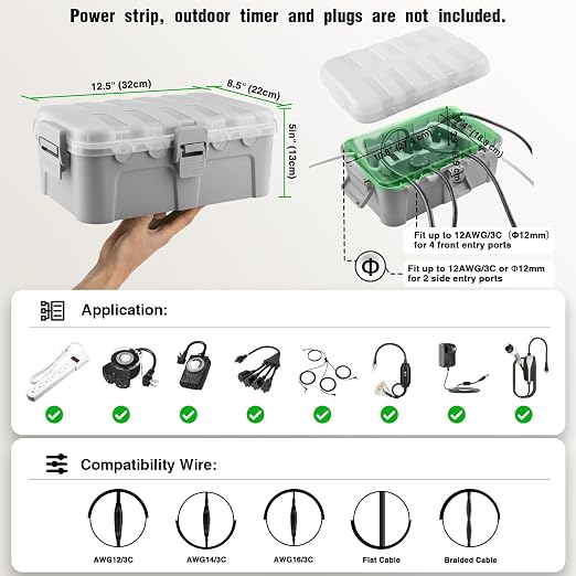 Flemoon Large Outdoor Electrical Box with Transparent Lid, IP54 Waterproof Box with Clear Cover, Weatherproof Extension Cord Cover for Photocell Light Sensor Timer, Power Strip, Outlet, Plug, Socket