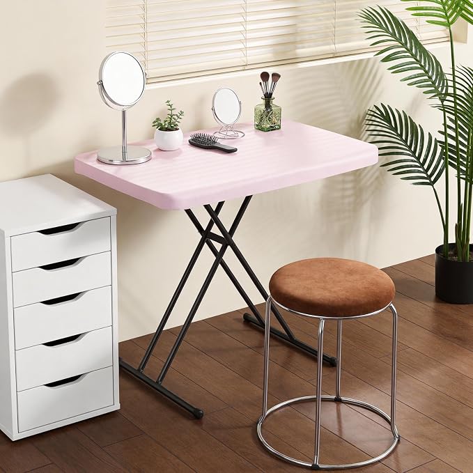 30 Inch Folding Table, Adjustable Height TV Tray for Small Spaces, Heavy Duty Foldable Utility Table for Laptop, Dining, Camping, No Assembly, 200 lbs Capacity, Pink Granite