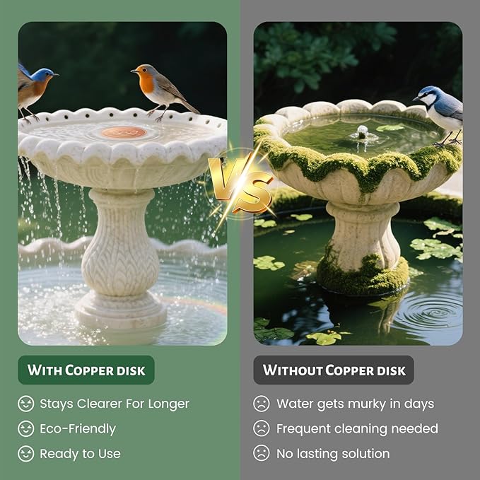 Bird Bath Copper Disk, 4 Inch 0.6mm Thick 99.9% Pure Copper Disc with Triple-Point Support, Natural Water Cleaner for All-Season Use, Universal Fit for Outdoor BirdBaths, Bowls