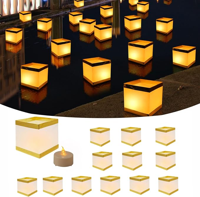 24Pack Paper Floating Water Lanterns,Gold+White Square Memorial LED Candle Lantern,Table Lanterns Decorative Outdoor for Weeding,Lawn,Pool ,Wishing (24Pack Plastic Lanterns with LED Candles)