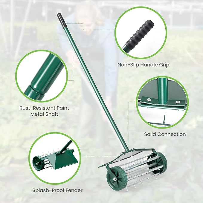 GYMAX Lawn Aerator, 17inch Heavy Duty Rolling Aerator with Sharp Spikes & Anti-Slip Handle, Push Grass Lawn Aerator for Garden, Yard, Manual Aerator Tool (with Fender)