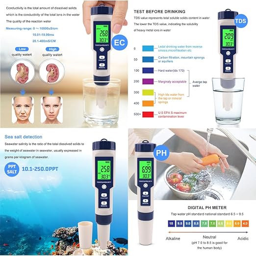 5 in 1 PH Meter Gomass 0.01 High Accuracy ph Tester Digital for Water TDS/EC/Salt/Temp/PH Pen, PPM Meter Water Tester Drinking Water, Hydroponics, Plants, Aquarium and Pool
