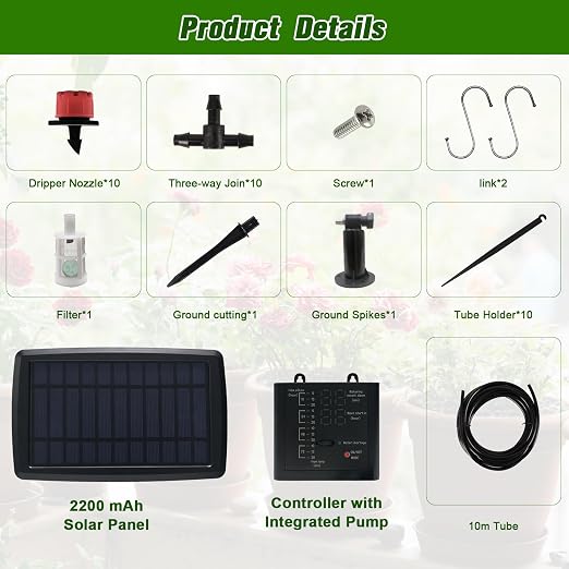 Solar Automatic Drip Irrigation Kit System, 12 Timer Settings Garden Irrigation System, Self Watering Devices for Plants, Raised Beds, Greenhouse, Travel, IP44 Waterproof (10 Pots)