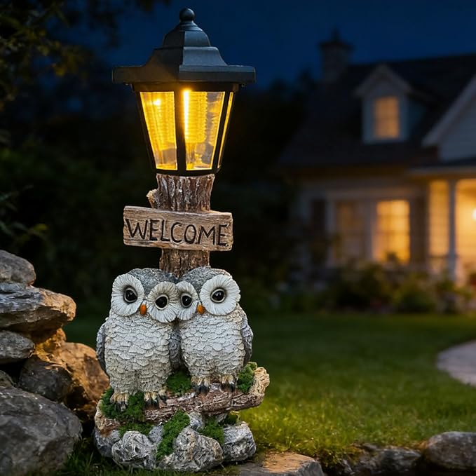 Outdoor Garden Owl Statue with Solar Lights, Owl Figure with Welcoming Sign, for Outdoor Landscapes, Courtyards, Paths, Outside Patio Lawn Decor, Gifts for Women, Owl Lovers