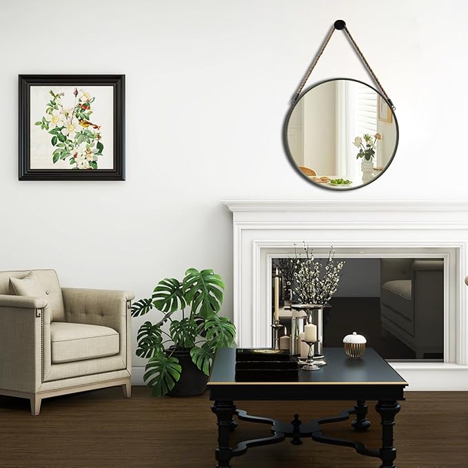 POZINO Round Hanging Mirror with Rope, 15" Grey Metal Frame Circle Wall Mirrors, Small Farmhouse Decorative Mirror for Entryway, Living Room, Fireplace, Bedroom, Bathroom