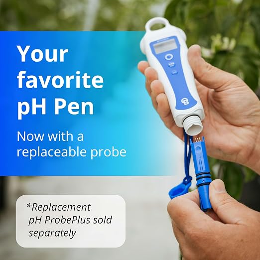 Bluelab pH PenPlus – Replaceable Probe pH & Temperature Meter, IP68 Waterproof, Backlit Display, Easy 2-Point Calibration – Includes Calibration & KCl Storage Solution – Made in NZ