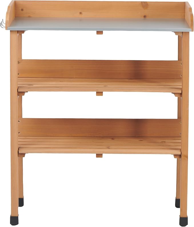 Outdoor Garden Workbench with Metal Tabletop, 30x14.5x35.5 Inch Potting Table with 3 Layers and Hooks, Solid Wood Workstation for Garage