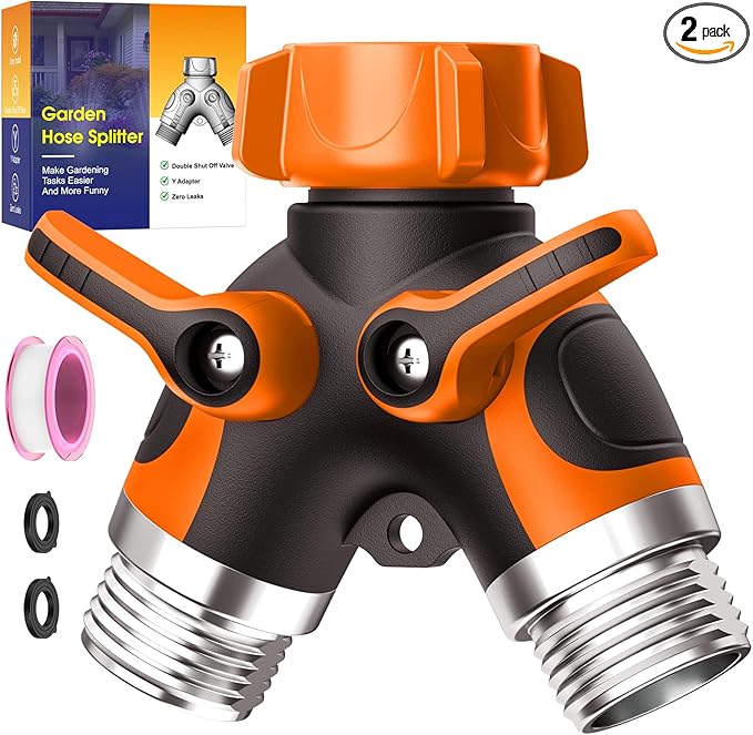 2 Way Garden Hose Splitter with Shut Off Valve,Water Spigot Splitter for 3/4" Hose Connector,Heavy Duty Metal Outdoor Faucet Splitter Y Connector for Hose,with 3 Leakproof Washers & 1 tape(2, Orange)