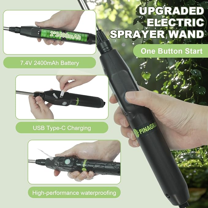22.1'' Electric Sprayer Wand, Adjustable Nozzle, 16.4FT Hose, Upgrade Rechargeable Battery ensure Long Runtime, Lightweight Cordless Wand for Weed Control & Plant Watering