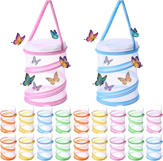 Sherr 20 Pcs Mini Butterfly Habitat Cage Clear Mesh Butterfly Net Cage Container Foldable Terrarium, 6.2x7.1inch (Multicolor)