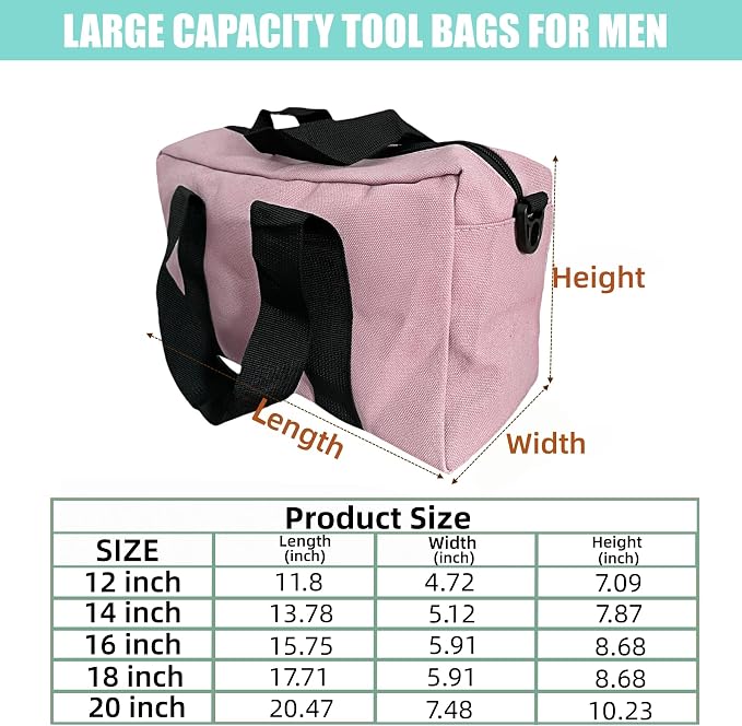 BLIRITEL 18 Inch Wide Mouth Tool Bag, Heavy Duty Canvas Tool Storage Bag, Large Capacity Handbag, Multi-function Tool Organizer Tote Bag for Storage Wrenches Pliers (Pink, 18 Inch)