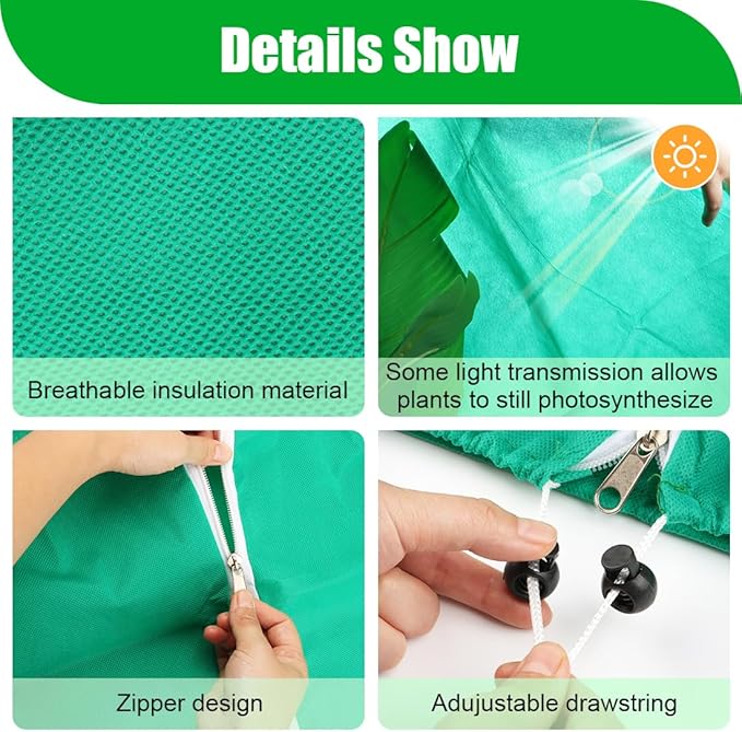 RooTrimmer Plant Covers Freeze Protection 2-Pack, 47.3" x 70.9" Frost Covers with Zipper Drawstring, Outdoor Winter Frost Cold Weather Shrubs Trees Jacket Covers Green