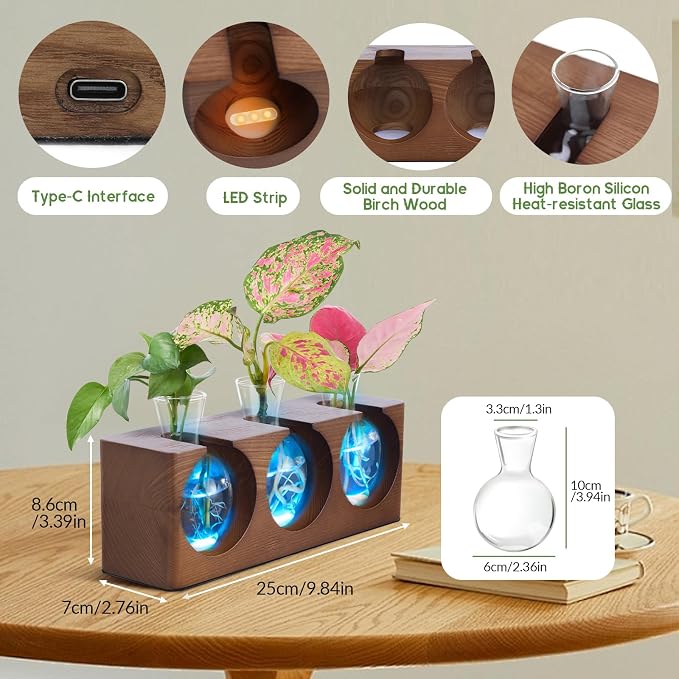 Plant Propagation Station with Wooden Stand, Plant Terrarium with 4 Mode 9-Level Adjustable LED Lights, 3 Glass Propagation Vases for Hydroponics, Propagation Tubes Unique Gifts for Women Home Decor