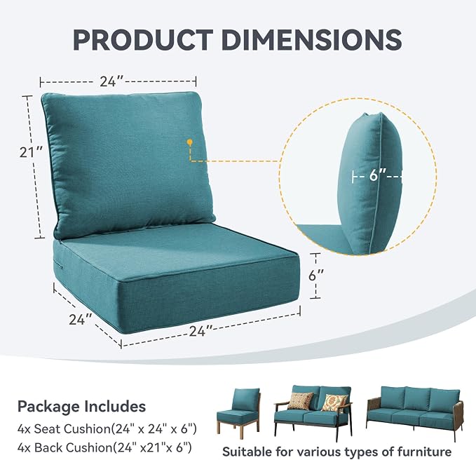 Outdoor Cushion Set for Furniture Patio Furniture, UV Resistant, Water Resistant - 6 Inch Thick Foam Garden Cushions– 24x24 Inch Patio Seat Covers for Chair/Sofa/Couch | Peacock Green | 4-Pack |