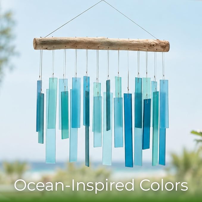 Solange & Frances Glass Wind Chimes for Outside. Handmade Hanging Wind Chimes Coastal Beach Decor with Natural Driftwood Top, Outdoor Decor Gift for Women, Gifts for Mom, Birthday Gifts for Women