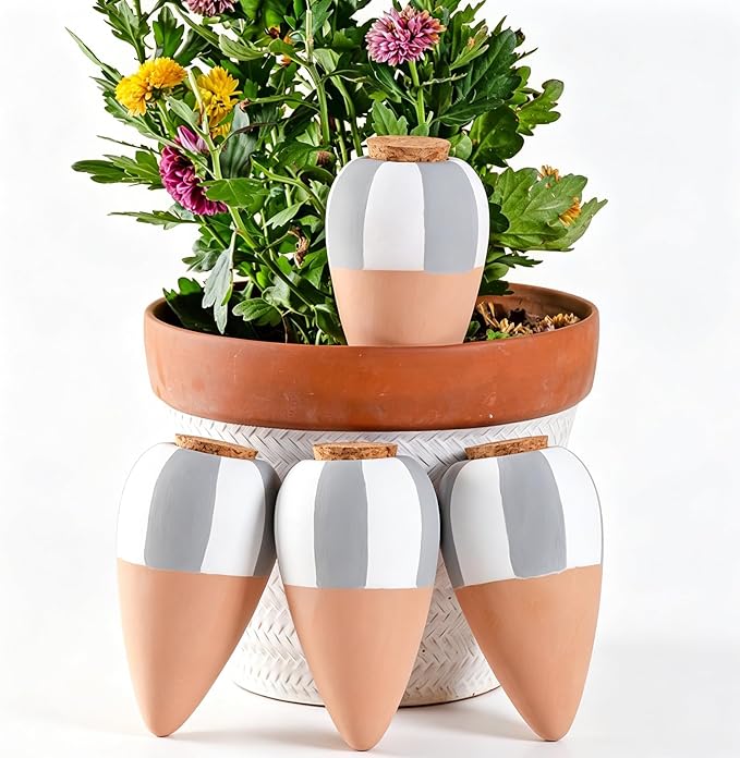 4 Pack Terracotta Watering Spikes, Plant Watering Devices Wine Bottle Automatic Plant Self Watering Spikes for Vacations, Clay Self-Watering Stakes for Indoor Outdoor Plants