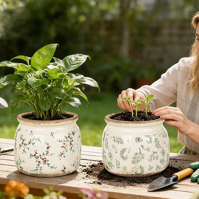 Sungmor Set of 2 Farmhouse Ceramic Planters with Drainage Hole,Vintage Crackle Glaze Flower Pots, Tuscan Decor Pots for Indoor/Outdoor Herbs,Succulents and Small Flowers