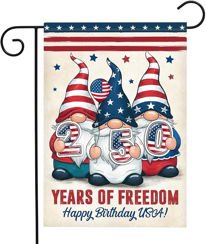 Gnome 250 Years America Patriotic Garden Flag - Independence Memorial Day Decorations, Funny 250 Year American Anniversary Flag, USA Birthday Freedom Yard Sign, 1776-2026 USA 4th of July Garden Flag for Outside