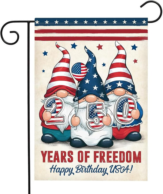 Gnome 250 Years America Patriotic Garden Flag - Independence Memorial Day Decorations, Funny 250 Year American Anniversary Flag, USA Birthday Freedom Yard Sign, 1776-2026 USA 4th of July Garden Flag for Outside