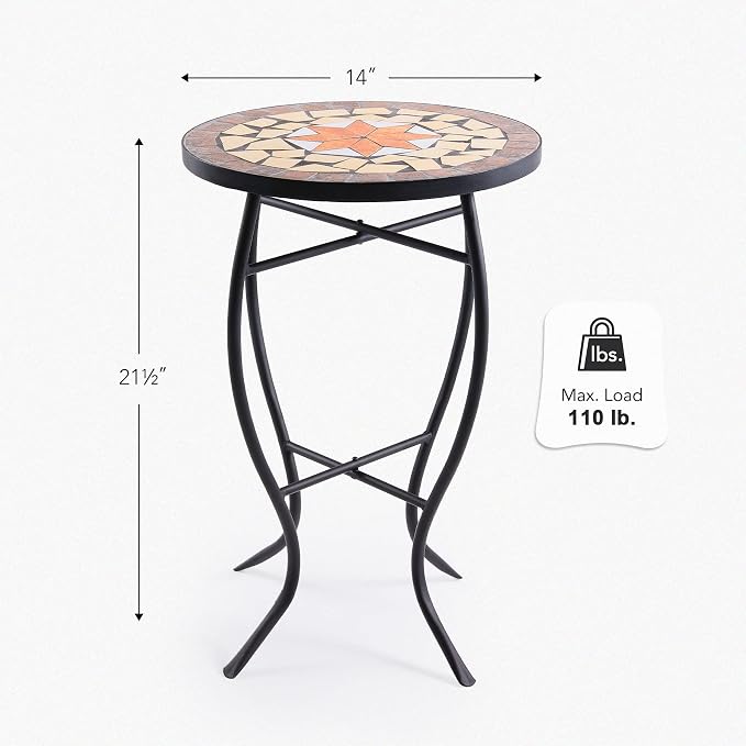 VONLUCE Mosaic Side Table and Plant Stand, 21" Round End Table with 14" Ceramic Tile Top, Indoor & Outdoor Accent Table, Porch Patio Furniture, Entryway & Coffee Table for Home & Garden, Maple