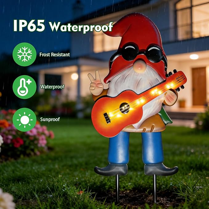 HONGLAND 28" Solar Garden Gnome Decor with Light Up Guitar - Outdoor Decorative Stake for Patio, Yard & Lawn | Unique Rock Music Gnome Decor
