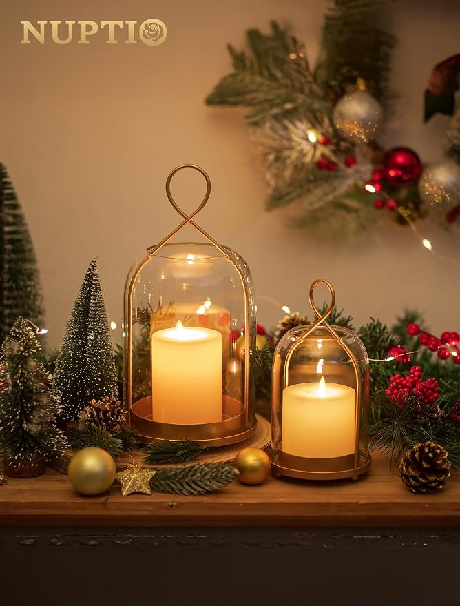 NUPTIO Glass Lanterns Decorative Outdoor: Gold Hurricane Candle Holders for Pillar Candles - Set of 2 Hanging Lantern for Home Thanksgiving Christmas Party Centerpiece