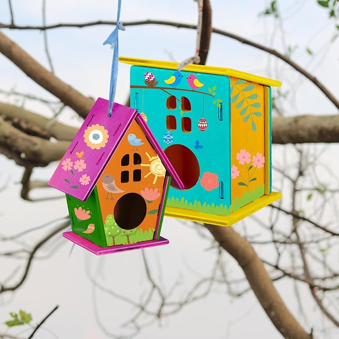 Sawysine 107 Pcs DIY Birdhouse Kits for Kids Ages 5-8 8-12, 48 Wooden Bird House Kits in 6 Shapes and 57 Butterfly Sticker for Children Spring Craft Activity Art DIY Project(Lovely Style)