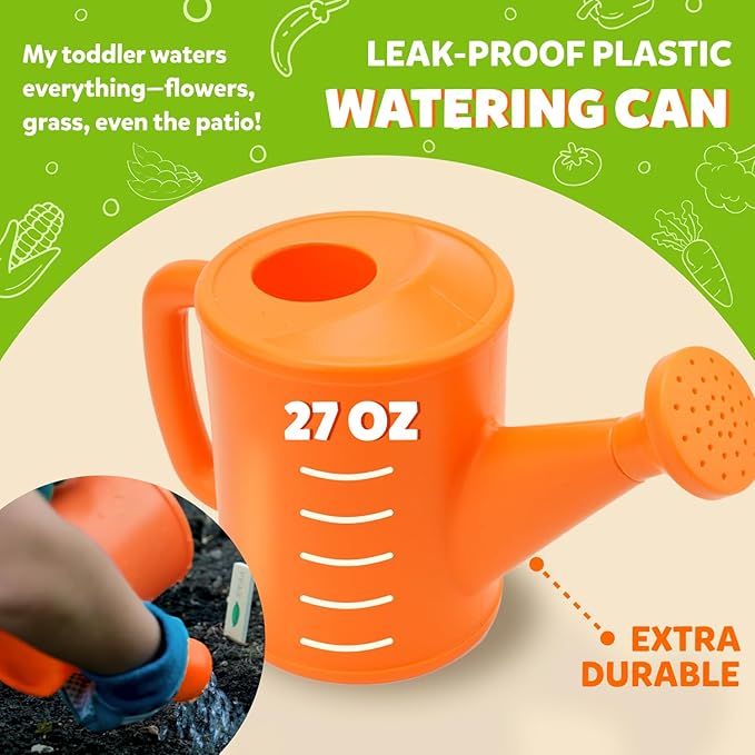 Kids Gardening Set – Toddler Gardening Kit Includes Watering Can for Kids, Shovel, Rake, Plant Stakes, Kids Gardening Gloves, Tote Bag & STEM Learning Gardening Guide Book - Garden Tool Set Green