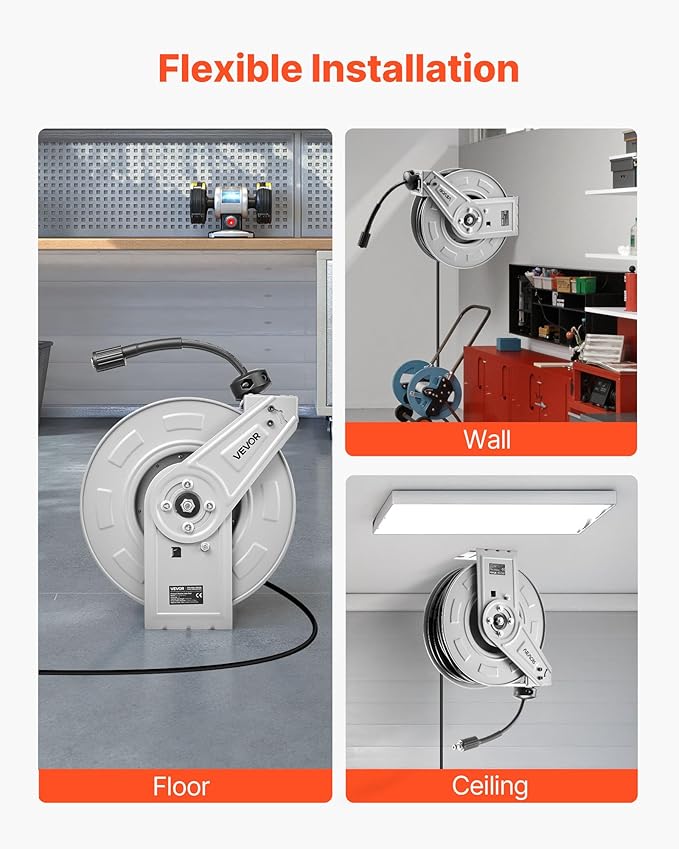 VEVOR Pressure Washer Hose Reel, 65 ft x 1/4 inch Retractable Power Heavy-Duty Steel Washer Hose Reel, 3200PSI Max, Auto-Rewinding, Flexible Wall/Floor Mounted for Car Washing,Garden,Floor Cleaning