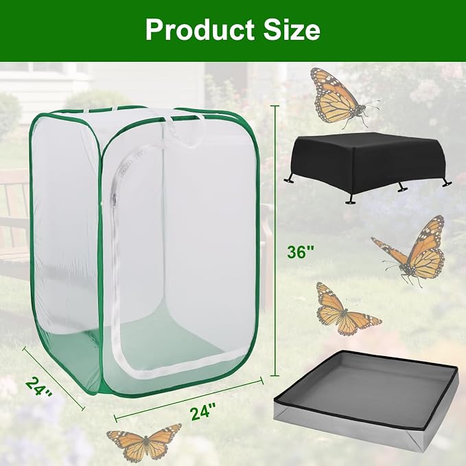 Butterfly Habitat Cage 24" x 24" x 36", Large Caterpillar Mesh Enclosure with Poop Tray for Easy Clean, Outdoor Monarch Butterfly & Insect Pop-up Net Cages Terrarium with Sunshade Top.