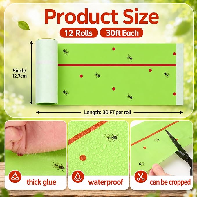 12 Rolls Spotted Lantern Fly Tree Trap 30 Feet Each Roll Lanternfly Tree Outdoor Fruit Fly Sticky Strips Paper Insect Sticky Barrier Trunk Wraps to Protect Plant, Lawn, Garden(Green)