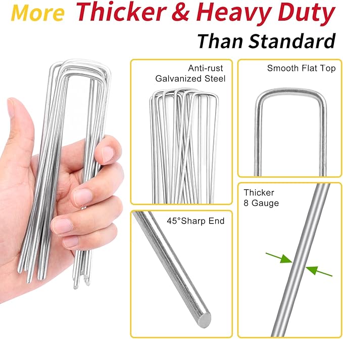 120 Pack 6 Inch Landscape Staples, 8 Gauge Garden Stakes Heavy Duty More Thicker Galvanized Tent Stakes, Lawns Yard Staples Wind-Resistant Ground Stakes for Hard & Rocky Soil, Pet Fence