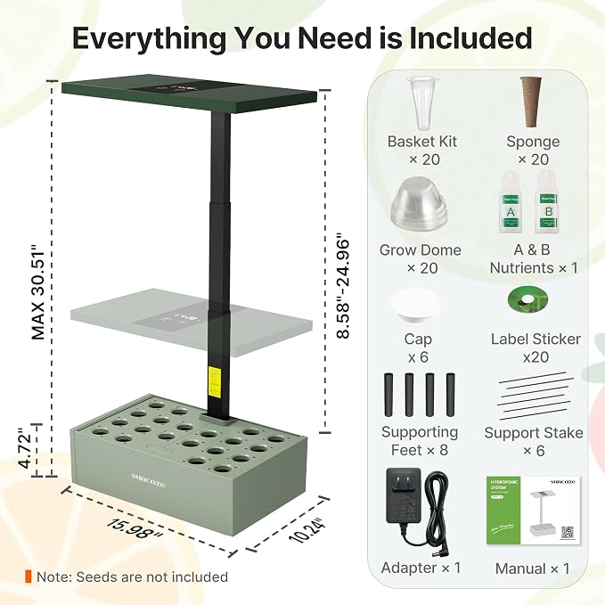 SUNCOZE Hydroponics Growing System Kit, 20 Pods Indoor Herb Garden with 10L Large Tank & Adjustable Height 25", 30W LED Grow Light, LCD Display with Veg/Flower Modes, Pump & Low Water Reminder, Green