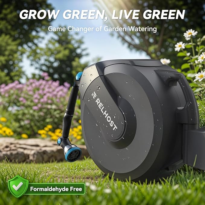 Relhost Retractable Garden Hose Reel, 1/2 in x 65 ft Wall Mount Heavy Duty Hose Reel with Any-Length Lock, Auto Rewind System, 180° Swivel Bracket, and 10-Pattern Nozzle for Garden, Dark Grey