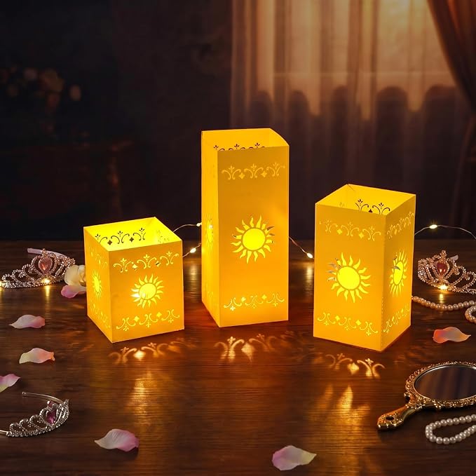 12 Pcs Princess Sun Lantern Centerpieces for Table 3 Size Gold Princess Birthday Cutout Paper Lantern Boxes with Tea Light Candle for Sun Birthday Baby Shower Decor(Cubic)