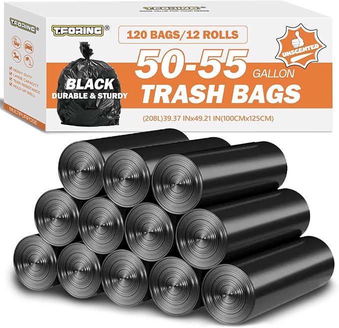 50-55 Gallon Trash Bags Unscented, 40'' x 50'', Black, 120 Count | Large 50+ Gal Garbage Liners,Fit 187 - 206 Liter Bins,Multipurpose for Construction Industrial Yard Outdoor Commercial Bulk