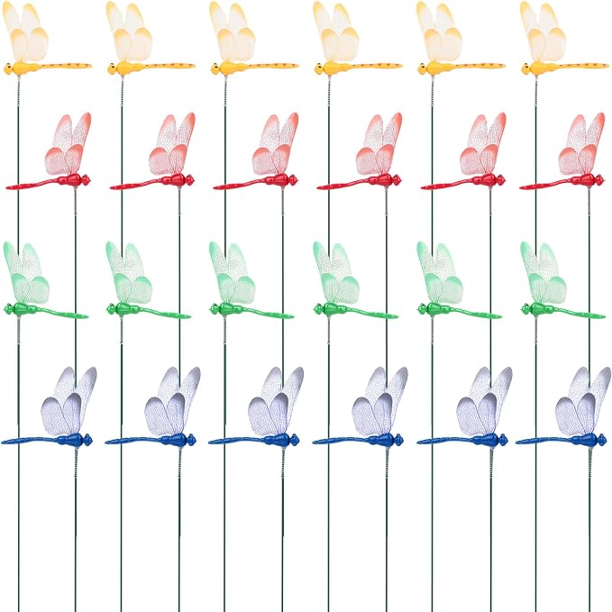 VGOODALL 24PCS Dragonfly Garden Stakes, Plastic Garden Decorations 4 Colors Dragonfly Ornaments for Indoor Outdoor Yard