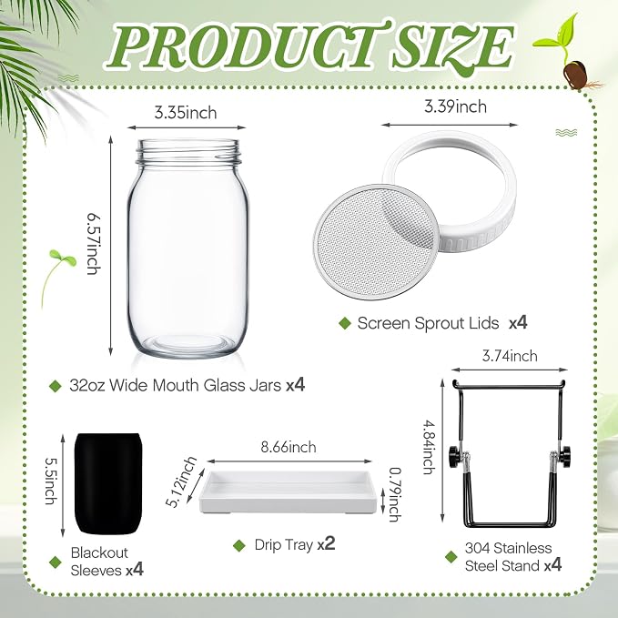 LemonRoad 18 Pcs Seed Sprouting Kit with 1000 ml Mason Jars and Blackout Sleeve, Separate Bracket 316 Stainless Steel Screen, Drain Tray Grow Organic Broccoli, Alfalfa, Mung Bean Sprouts