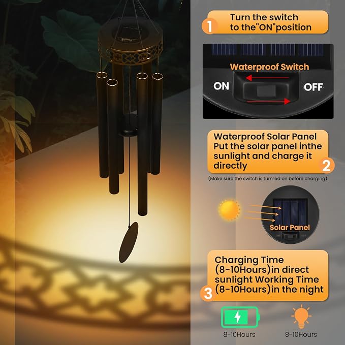 42" Solar Deep Tone Wind Chimes for Outside Clearance, Large Metal Windchimes for Loss of Loved One, Memorial Heavy Duty Chimes Outdoor for Garden,Sympathy Gifts，Black