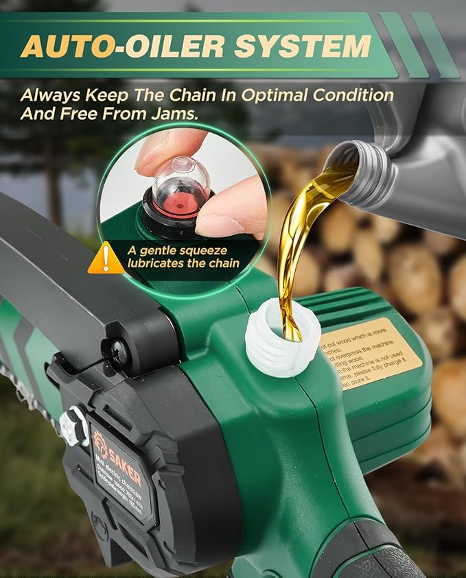 Saker Mini Chainsaw with Auto Oiler|6 Inch Chainsaws[2026 Upgraded]|Mini Cordless Electric Chain Saw|Small Handheld Portable Chainsaw Battery Powered for Tree Trimmer and Garden 2 Batteries+3 Chains