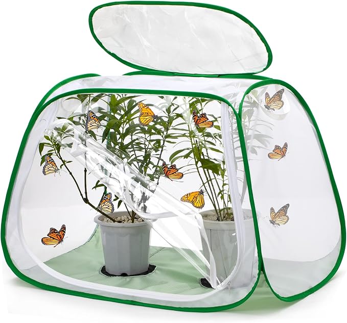 Outdoor Pop-up Large Insect and Butterfly Net Habitat，with Rainproof top Cover Increase Survival Rate, Windproof Trapezoidal Design，Collapsible Caterpillar Growing Mesh Cage Terrarium