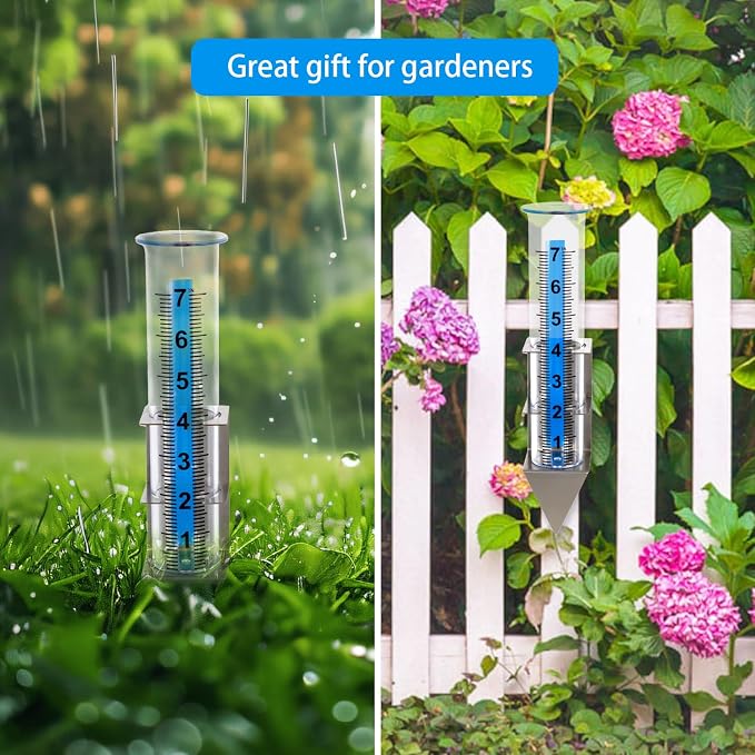 Rain Gauge Outdoor,7" Capacity Rain Gauge Outdoors Best Rated with Stainless Steel Mounting Rack Holder,Freeze Proof Plastic Large Rain Gauge for Yard Garden Fence Lawn Patio Farm (Silver)