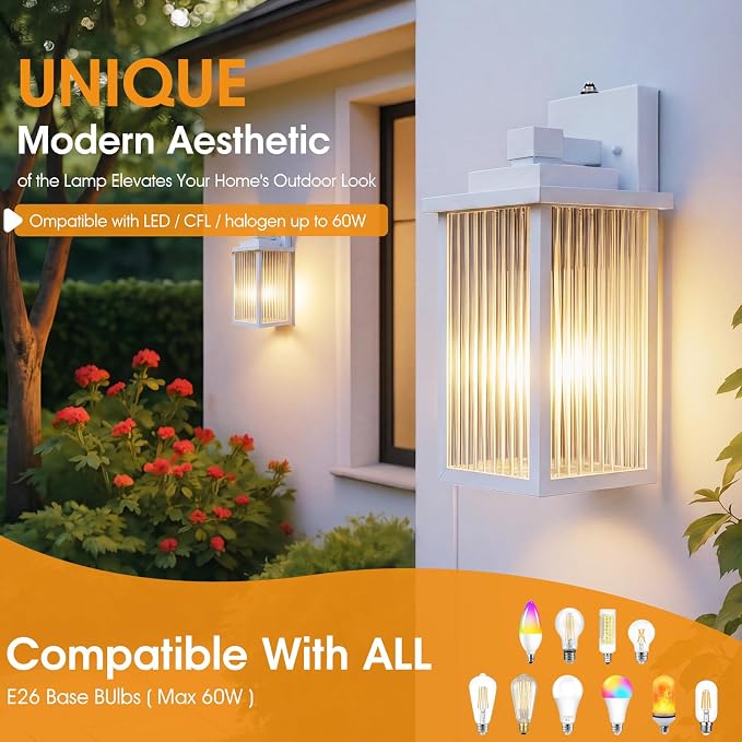 13-Inch White Outdoor Wall Light, Dusk to Dawn Exterior Light Fixture, IP65 Waterproof Rust-Resistant Durable Metal & Textured Glass Sconce for Porch Garage Entryway