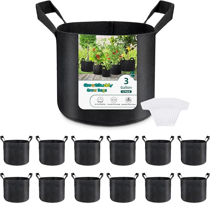 GreatBuddy Grow Bags 3 Gallon 12-Pack, Heavy Duty Fabric Grow Bags with Handles for Vegetables, Herbs, and Tomatoes, Fabric Pots & Planting Bags for Outdoor Home Gardening